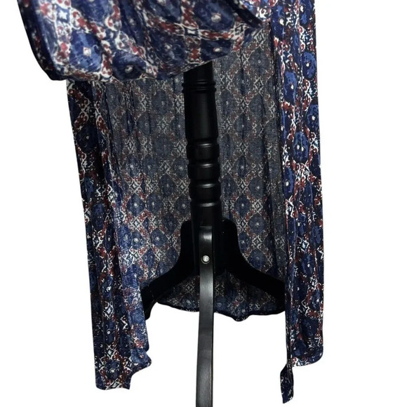 Lucky Brand Blue Maxi Dress Small Front Slits High Neck Boho Western Tie Waist - Picture 5 of 12